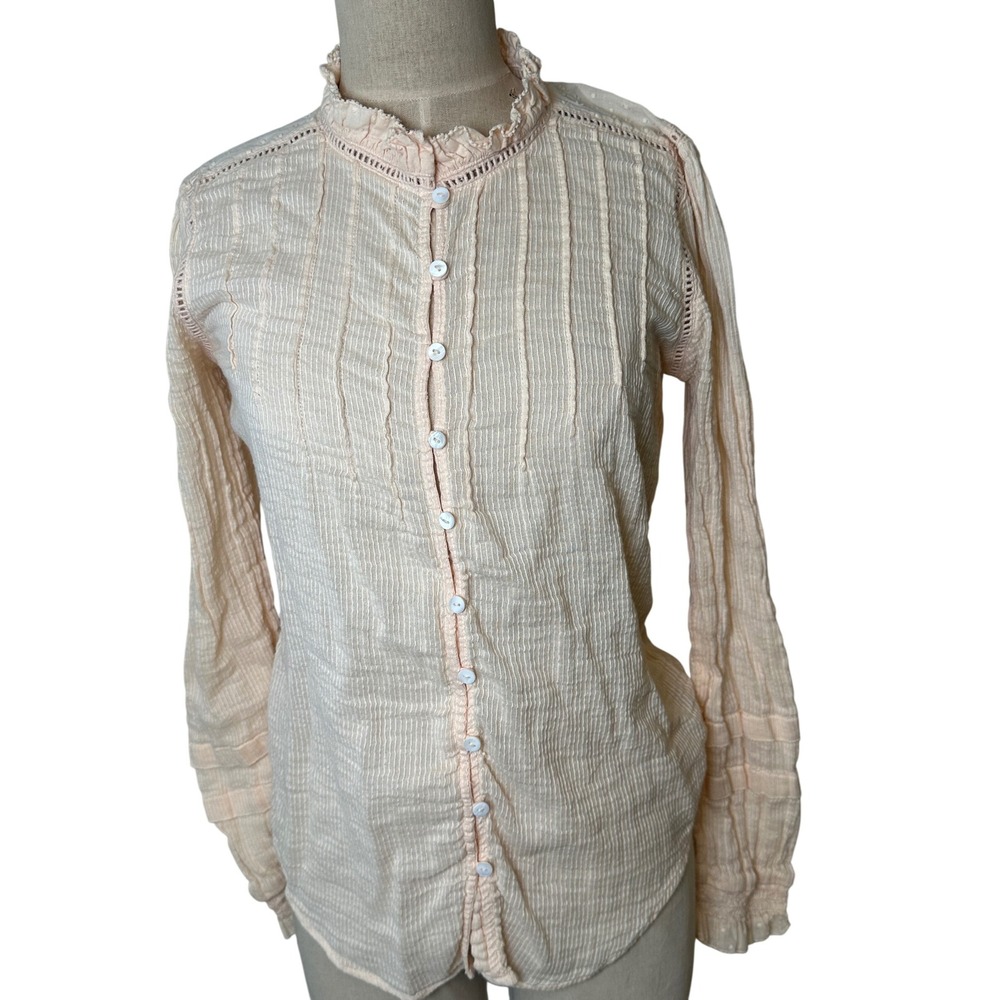 Faherty Organic Cotton Ruffle Blouse Sz S Peach Victorian Pintuck Lace Coquette - Picture 1 of 10